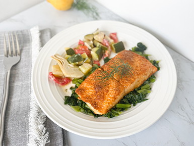 Cumin Salmon with Mustard Greens and a Zucchini Veggie Medley